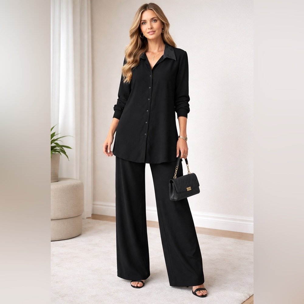 Candlelight Champagne Two Piece Black Pants Set 1X